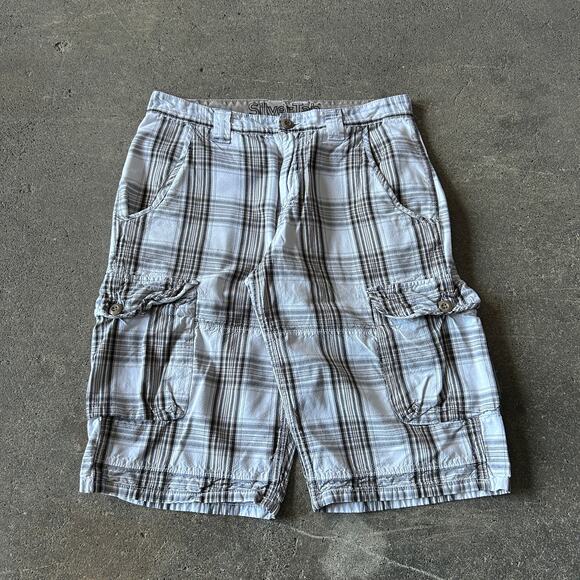 Vintage Levi's SilverTab Cargo Shorts Size 30 White Brown Plaid Loose Skater 14"